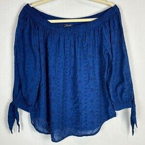 Lucky Brand Schiffli Knit Peasant Blouse Blue M